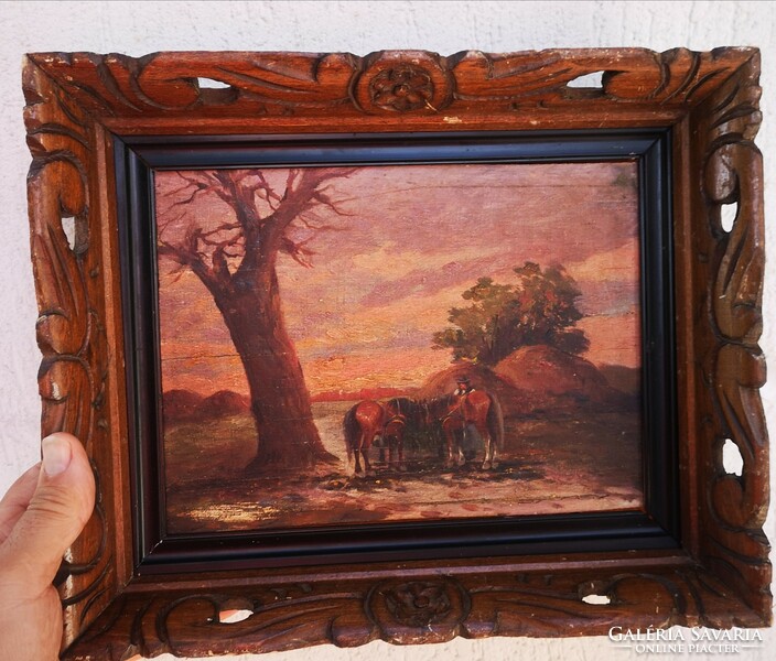 György Németh, painting in a wooden carved frame! Sunset horses painting.