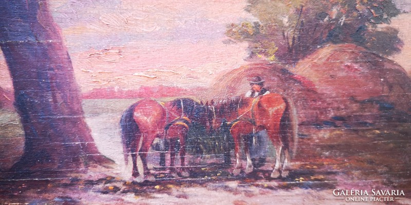 Németh György, festmény fa faragott keretben! Naplemente lovak festmény .