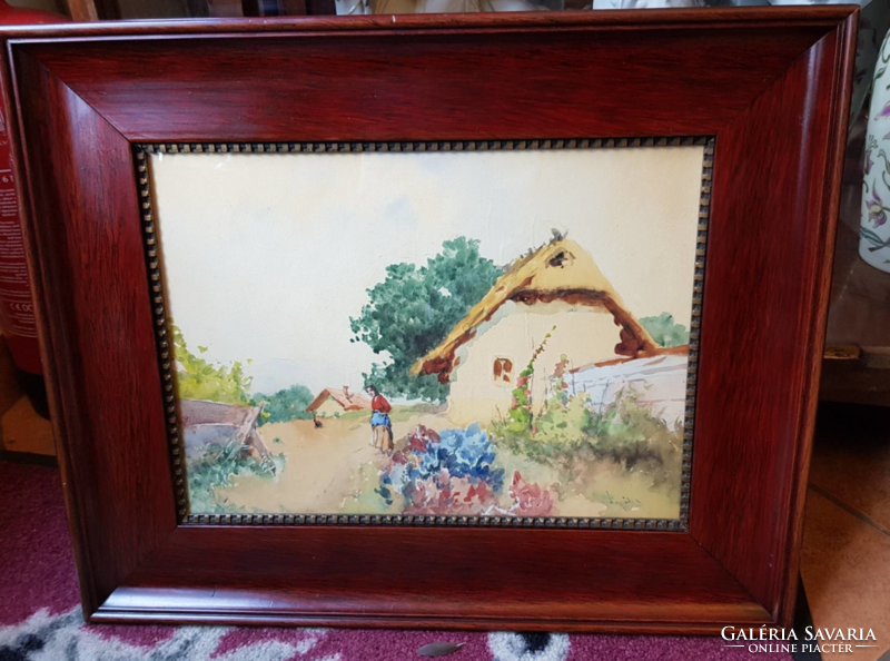 Original neograd Antal watercolor painting of village life in a mahogany frame