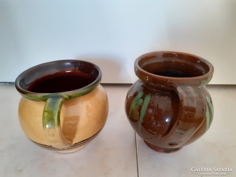 Old folk glazed ceramic jug vintage small jar 2 pcs