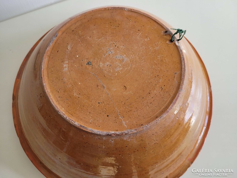 Régi nagy méretű 42 cm mázas cserép népi lakodalmas tál vintage főző cserépedény edény fazék