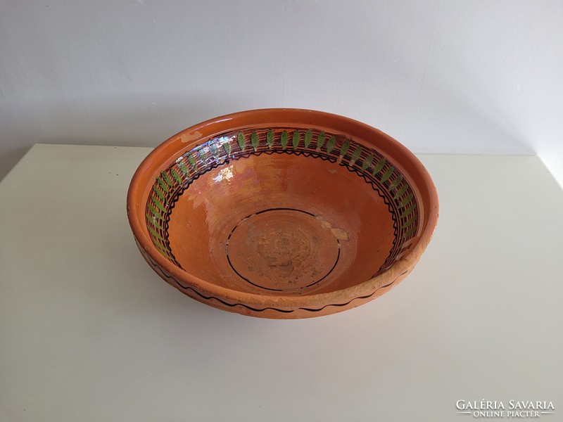 Old large size 42 cm glazed earthenware folk wedding bowl vintage cooking earthenware vessel pot pot