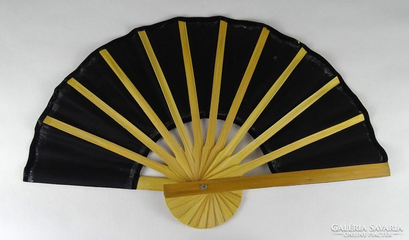 1K463 large black oriental bamboo fan with painted landscape 49.5 Cm