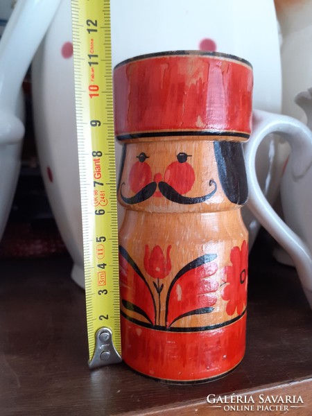 Old folk painted Hungarian wooden candlestick with mustache outlaw figurine