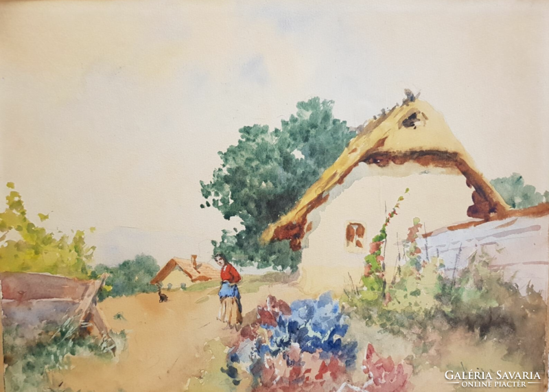 Original neograd Antal watercolor painting of village life in a mahogany frame