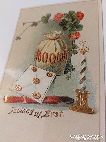 Régi újévi képeslap 1924 levelezőlap lóhere pénzes zsák