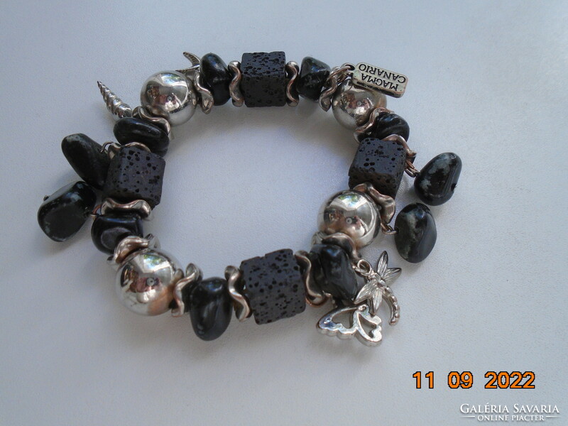 With lava stone and silver-plated pearls, charms, magma canario metal logo, bracelet