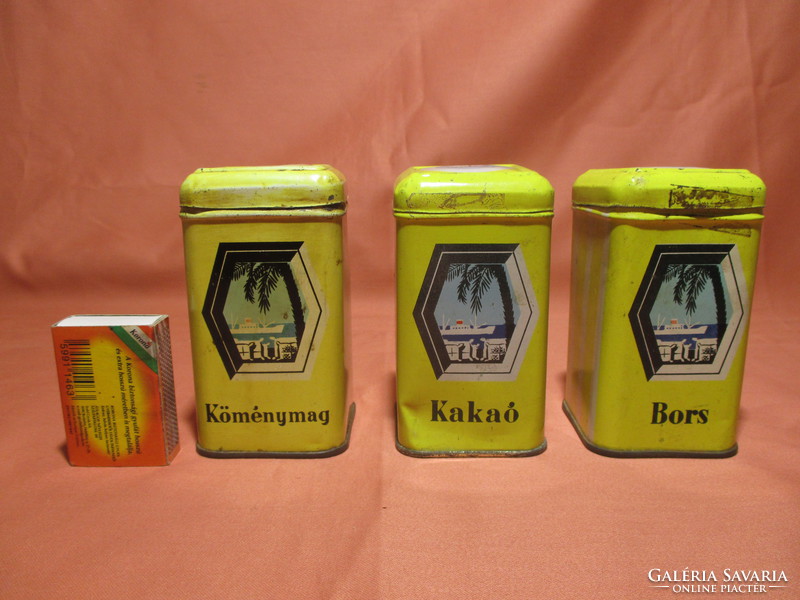 3 old metal spice boxes