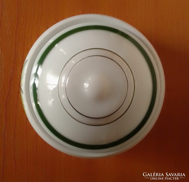 Round porcelain bonbonier with green leaf pattern, sugar holder, marked, gallo/villeroy & boch, flawless