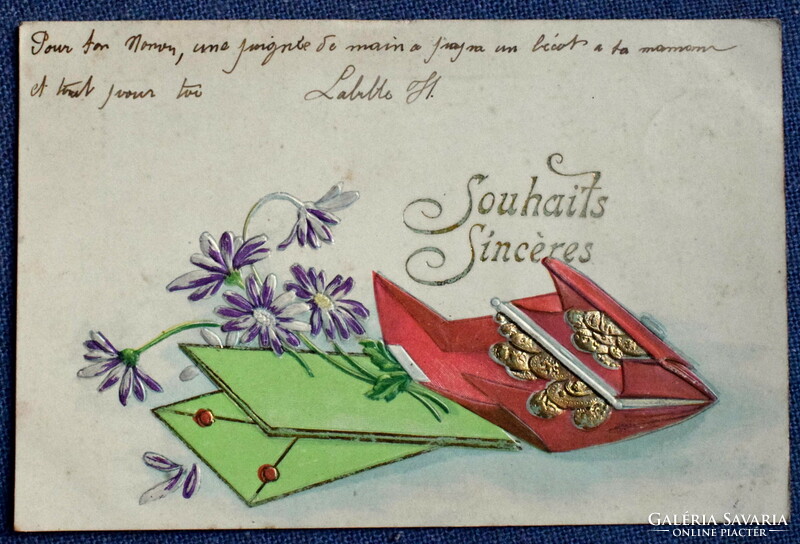 Antik dombornyomott  litho üdvözlő grafikus képeslap  pénztárca aranypénz boríték virág