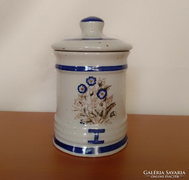 Small German glazed stoneware kitchen storage container, round, with lid, for sugar, honey, etc.