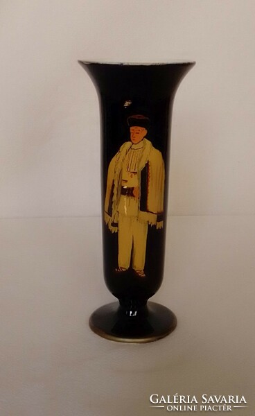 Old Bulgarian turned painted lacquered wooden vase, 60s, folk costume