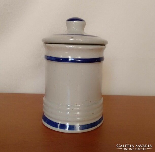Small German glazed stoneware kitchen storage container, round, with lid, for sugar, honey, etc.
