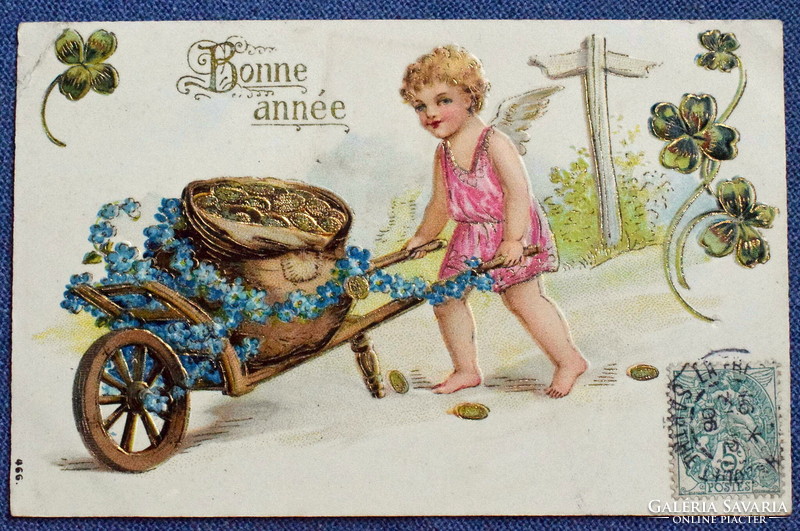 Antik dombornyomott arannyal préselt Újévi üdvözlő képeslap angyalka pénzes talicskával lóhere