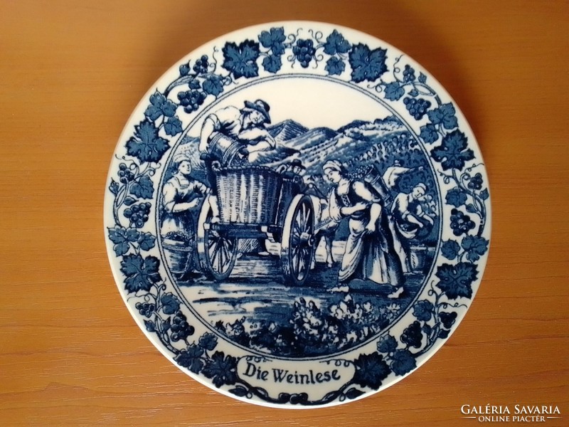 Blue and white painted Dutch porcelain wall plate, grape vintage wine, marked, flawless royal goedewagen