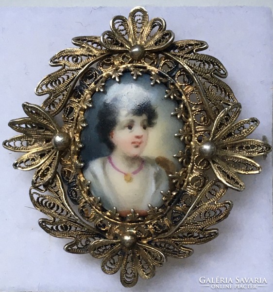 Antique Victorian silver brooch painted portrait porcelain filigree