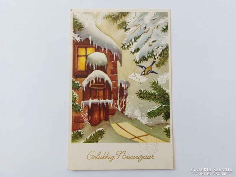 Old postcard 1961 New Year postcard little bird snowy landscape