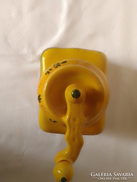 Special coffee grinder shaped hand painted sun yellow coffee holder earthenware ceramic pot 70s