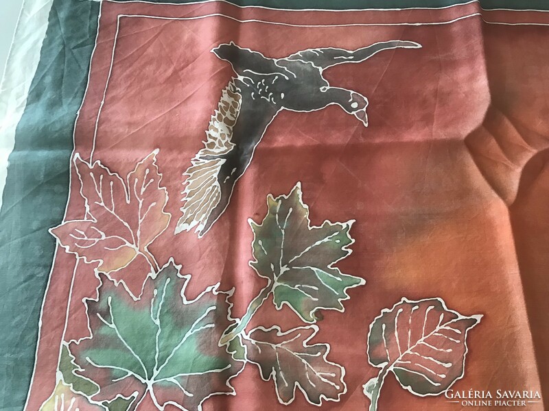 Hand-painted hunting scene silk scarf with autumn colors, 88 x 86 cm