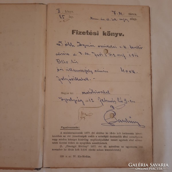 A Magyar királyi adóhivatal által kiállított fizetési könyv 1912. év