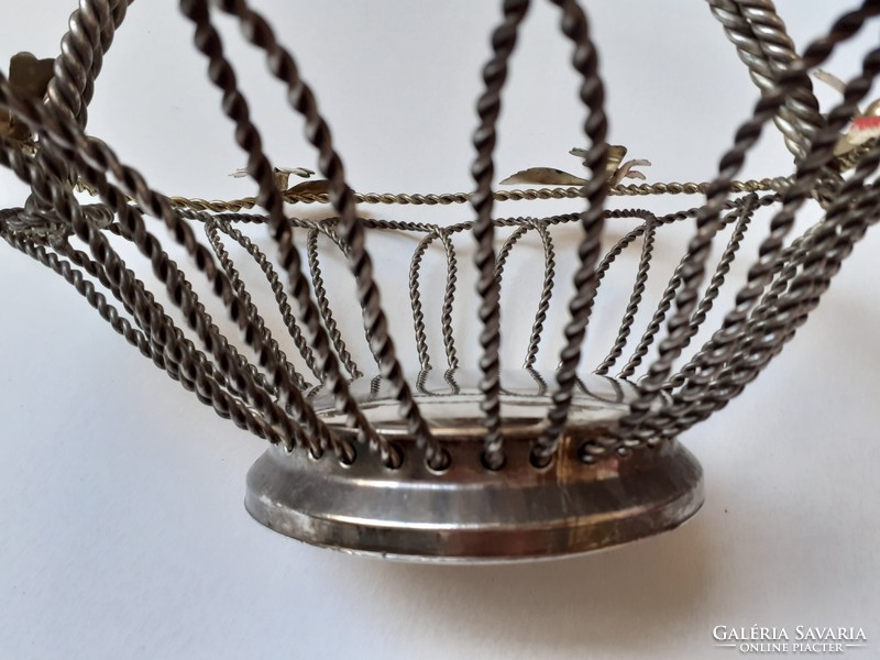Old basket with floral metal handles, vintage table metal basket
