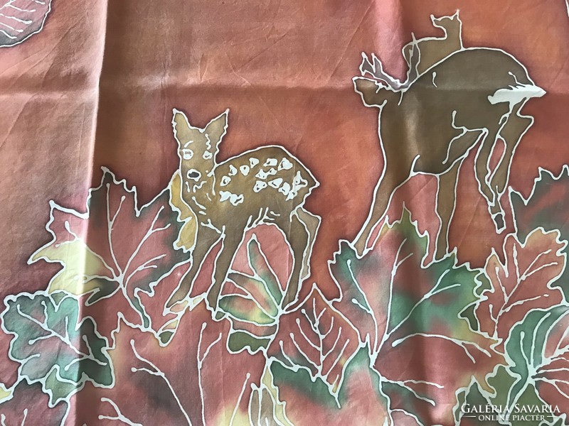 Hand-painted hunting scene silk scarf with autumn colors, 88 x 86 cm