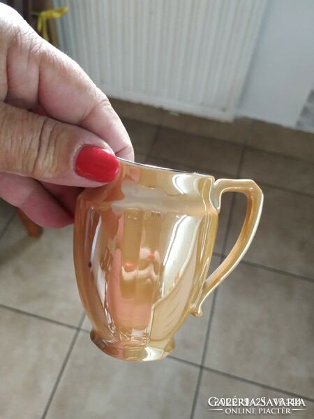 Yellow iridescent ceramic jug, glass 2 pieces for sale!