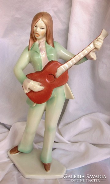 Aquincum porcelain statue, woman playing guitar, marked, 25 cm high