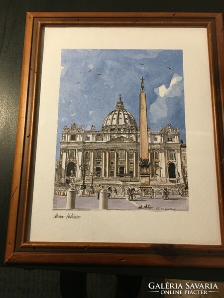 Sky blue-beige print depicting the Vatican in a wooden picture frame