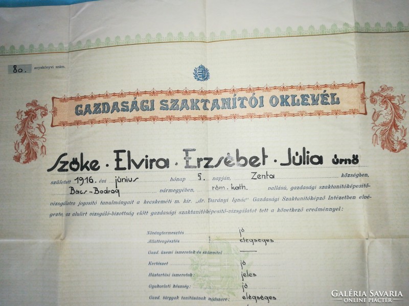 Diploma from the Southern Zenta in 1941