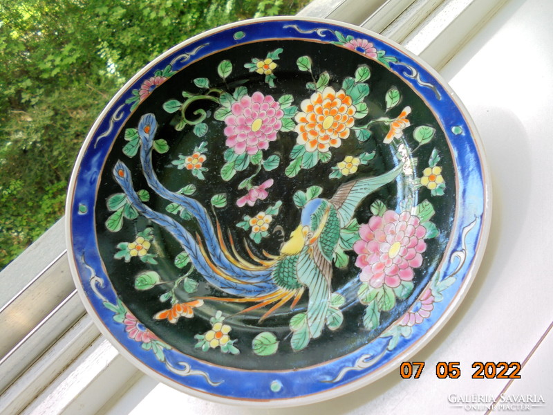 Kézzel festett Paradicsommadárral,bazsarózsával japán Meidzsi falitál  fém tartóval