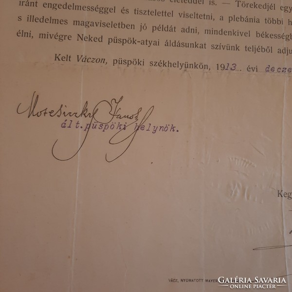Csáky Károly Emmanuel gróf a Váczi Székesegyház Püspökének engedélylevele 1913.