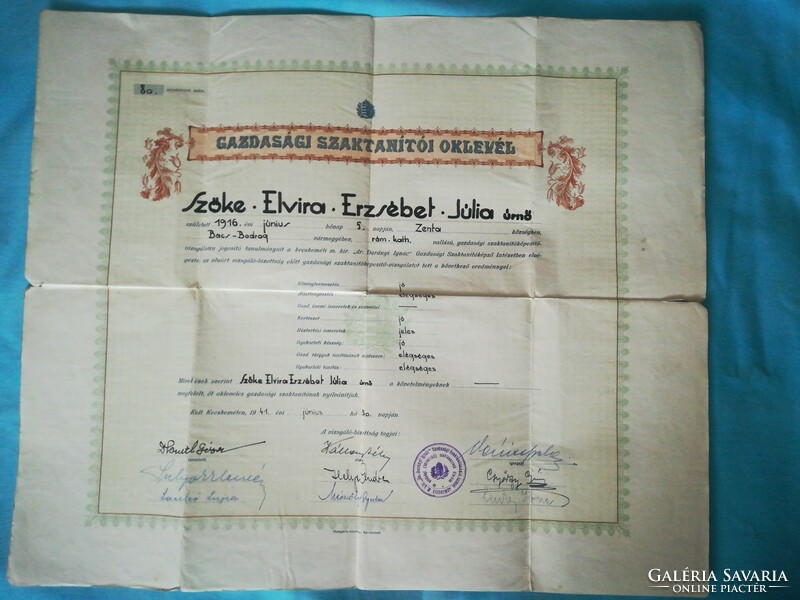 Diploma a délvidéki Zentáról 1941