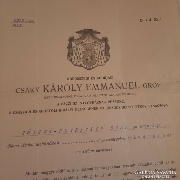 Letter of permission of Count Emmanuel Csáky Károly, bishop of the Vács Cathedral, 1913.