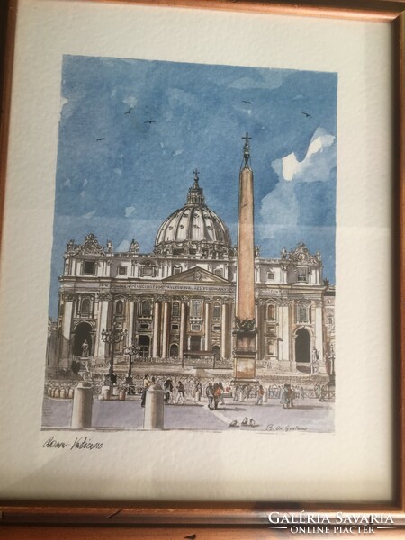 Sky blue-beige print depicting the Vatican in a wooden picture frame