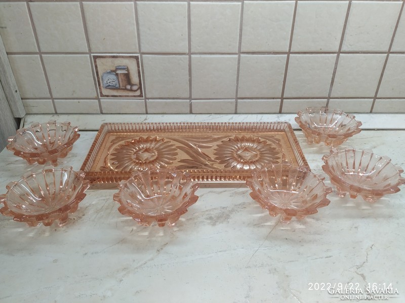 Glass compote set for sale! Art deco style amber compote glass set with tray for sale!