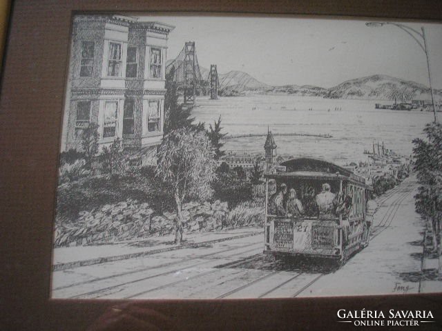 N4 antique Los Angeles Fong-marked wall and table etching in the frame of an old streetcar 26 x 20 cm