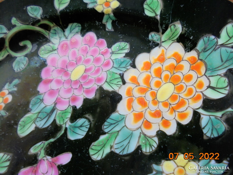 Kézzel festett Paradicsommadárral,bazsarózsával japán Meidzsi falitál  fém tartóval