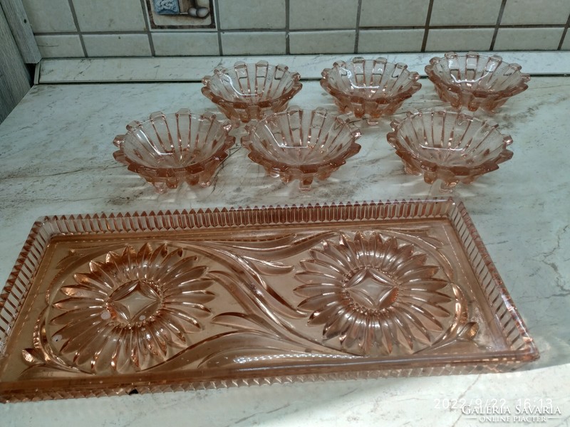 Glass compote set for sale! Art deco style amber compote glass set with tray for sale!