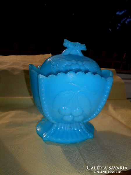Antique vivid turquoise blue chalcedony glass sugar bowl, bonbonnier