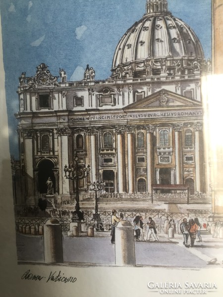 Sky blue-beige print depicting the Vatican in a wooden picture frame