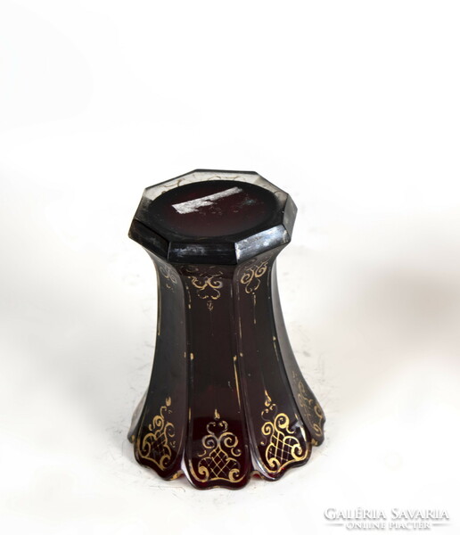 Biedermeier régi rubinvörös üveg váza arany díszítéssel