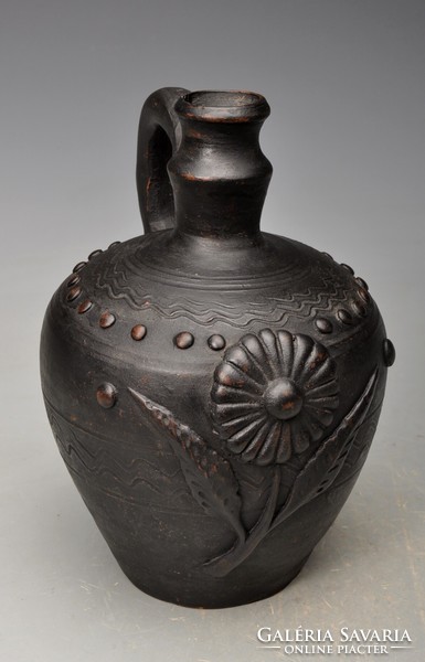 János Horváth potter from Mohács, small jar, with plastic disc, black ceramic around 1930