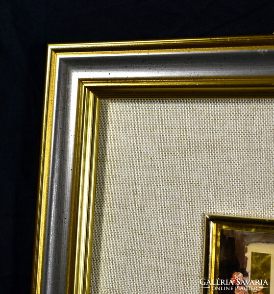 Beautiful gold foil miniature still life: bouquet of flowers in the window with elegant framing!