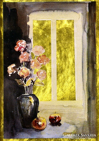 Beautiful gold foil miniature still life: bouquet of flowers in the window with elegant framing!