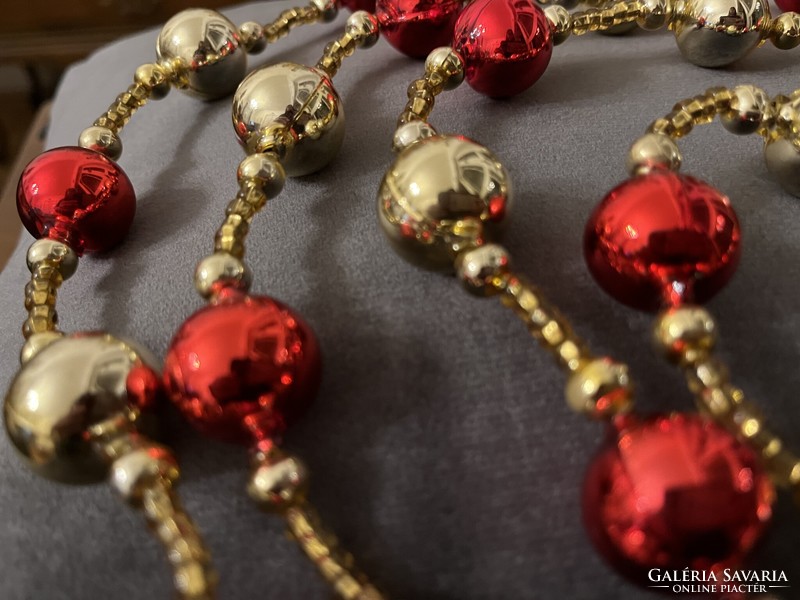Gablonz üveg girland, piros-arany karácsonyfadísz, karácsonyi dekoráció 180 cm