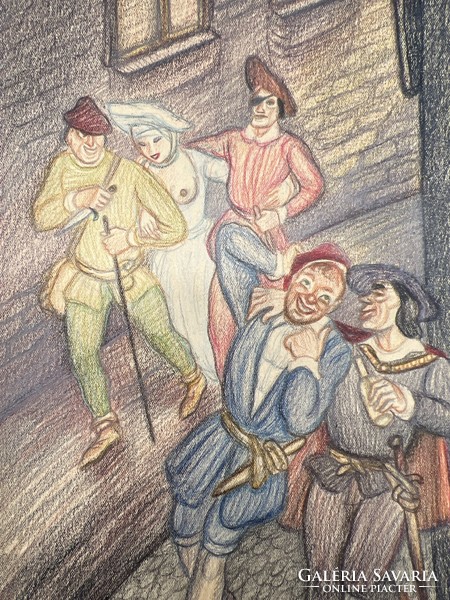 Anna rank: Renaissance scene - illustration for Villon's ballads (collection piece!) F398