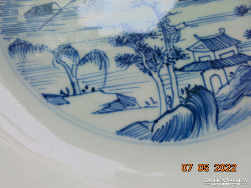 Japanese bowl hand-painted under antique arita glaze with high mountain landscape, pagodas, bay, fishing