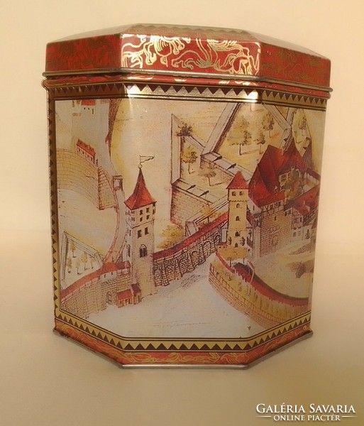 Nyolcszögletű német fém pralinés doboz, nosztalgia nürnbergi vár látkép Erasmus 1667 metszet alapján