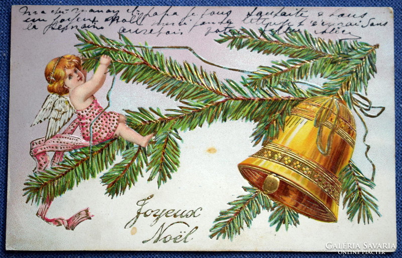 Antik  dombornyomott Karácsonyi üdvözlő litho képeslap angyalka fenyőágon harang